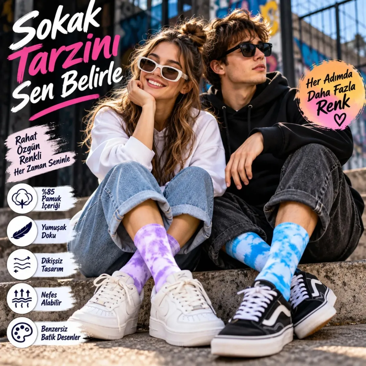 Unisex Batik Desenli Soket Çorap 5'li Set | Renkli Tie Dye Günlük Spor Sneaker Çorabı Modern Stiliyle görseli
