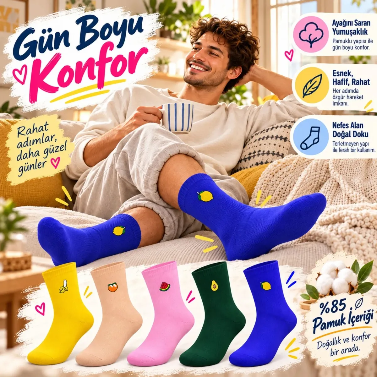 Kadın Meyve Nakışlı Renkli Soket Çorap 5'li Set | Muz Karpuz Avokado Limon Desenli Günlük Şık Çorap! görseli