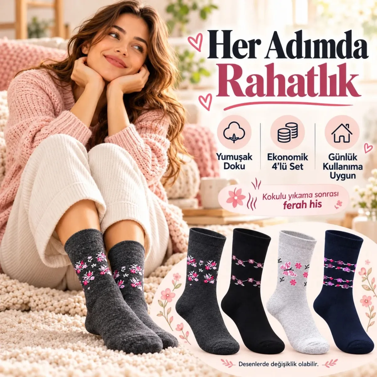 Kadın Ekonomik Soket Çorap 4'lü Seti | Çiçek Desenli Bayan Günlük Çorap Karışık Renk Avantajlı Paket görseli