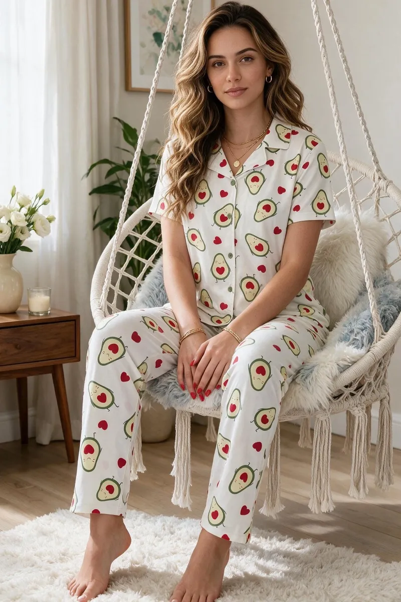 Avokado Desenli Kısa Kollu Gömlek Yaka Milan Kumaş Kadın Pijama Takımı görseli