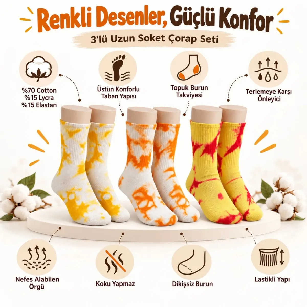 Unisex Batik Desenli Çorap 6'lı Set Pamuklu Renkli Uzun Soket Dikişsiz Nefes Alan Günlük Spor Çorabı Sarı-Beyaz-Turuncu-Kırmızı görseli
