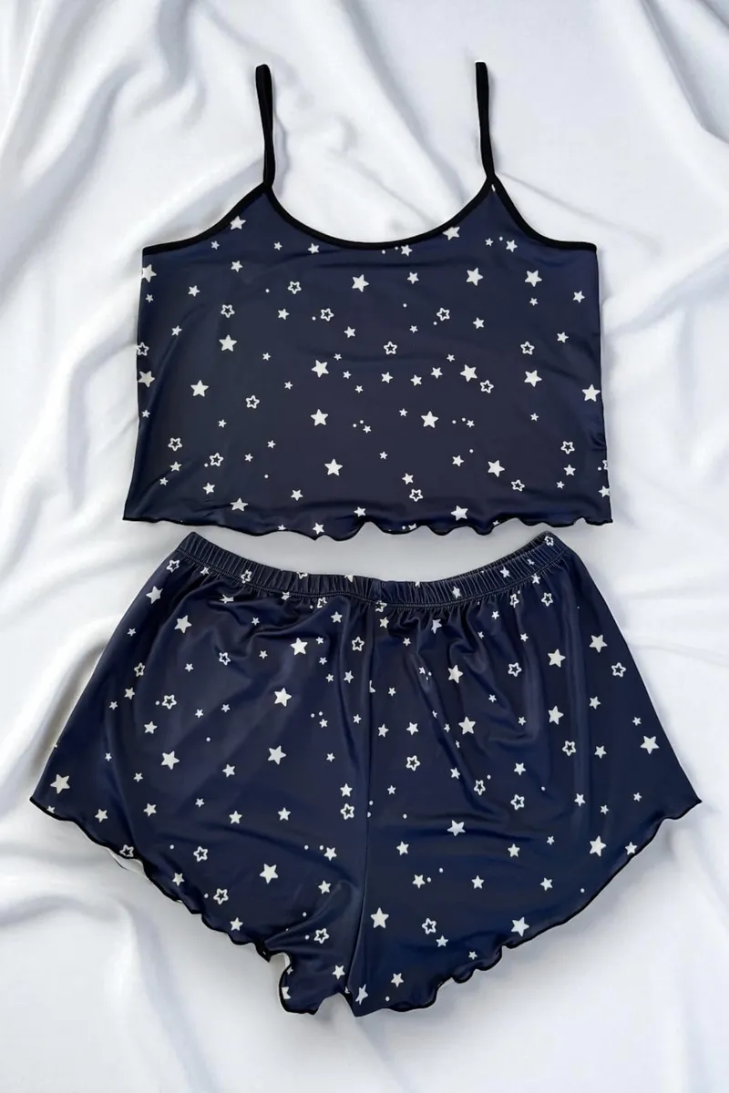 Yıldız Desenli Lacivert Şortlu Pijama Takımı görseli