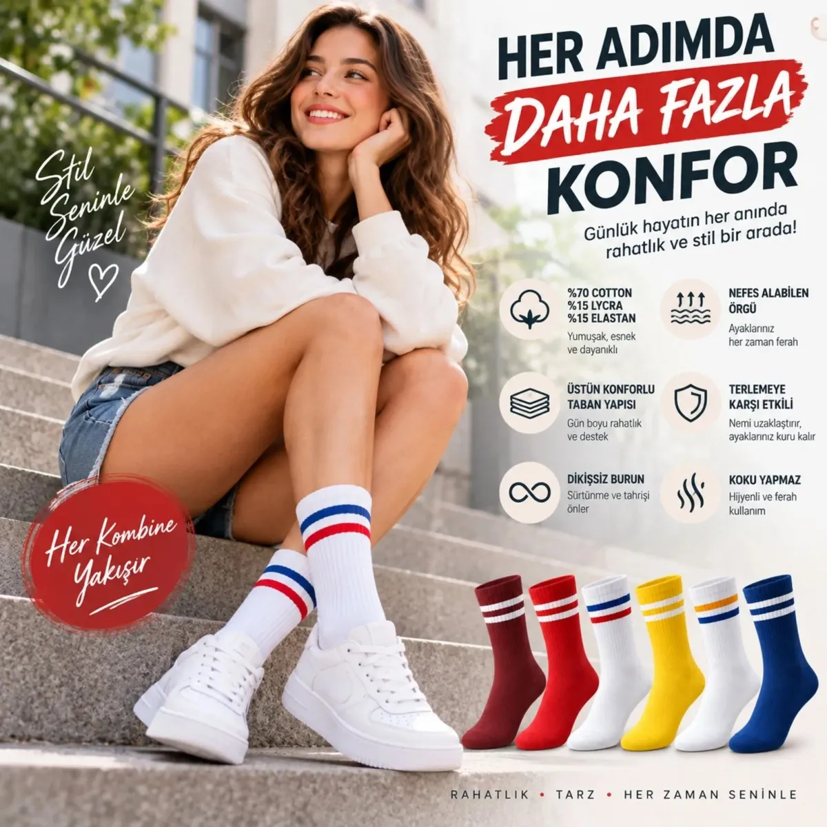 Unisex Renkli Çorap Çizgili 12'li Set Uzun Soket Günlük Spor Kolej Stil Rahat Şık Kadın Erkek Çorabı görseli