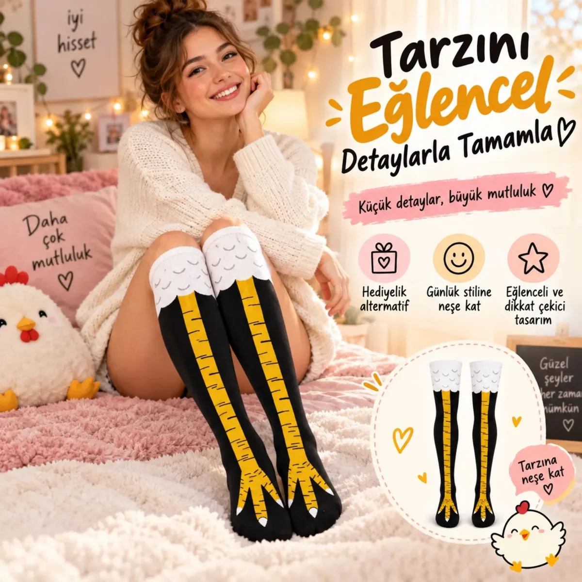 Kadın Diz Üstü Tavuk Ayağı 3'lü Desenli Çorap Siyah Sarı Uzun Eğlenceli Kostüm Günlük Çorabı Modeli görseli