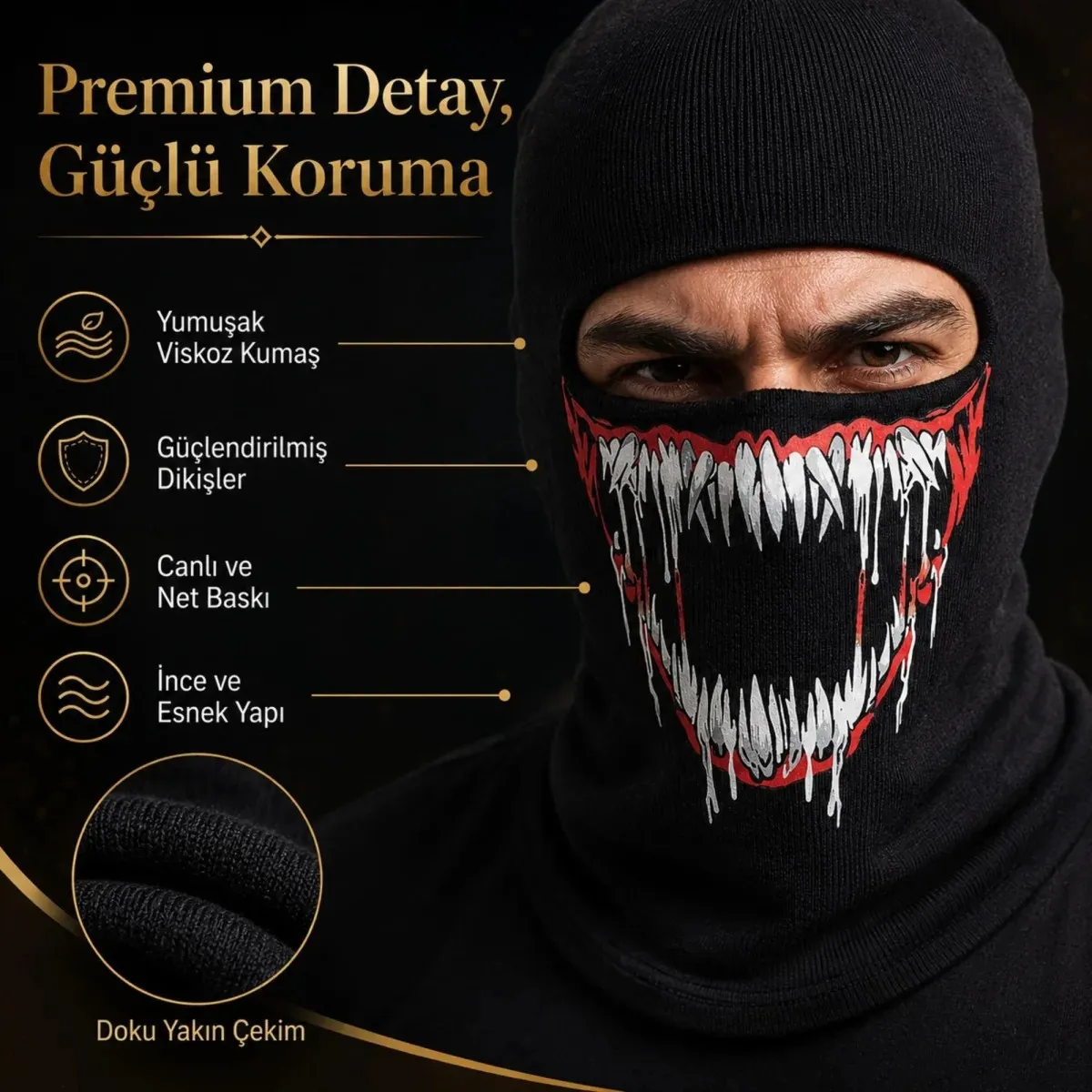 Unisex Canavar Diş Baskılı Balaklava 1 Adet Tek Beden Viskoz Kask İçi Motosiklet Maskesi görseli
