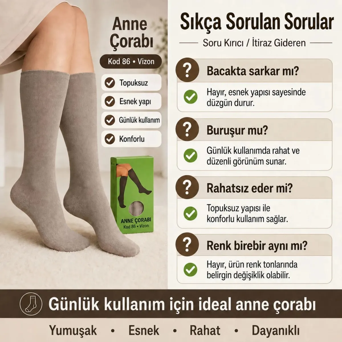 Kadın 70 Denye Kalın Anne Çorabı 6'lı | Dizaltı Topuksuz Esnek, Ten Siyah Bronz Vizon görseli