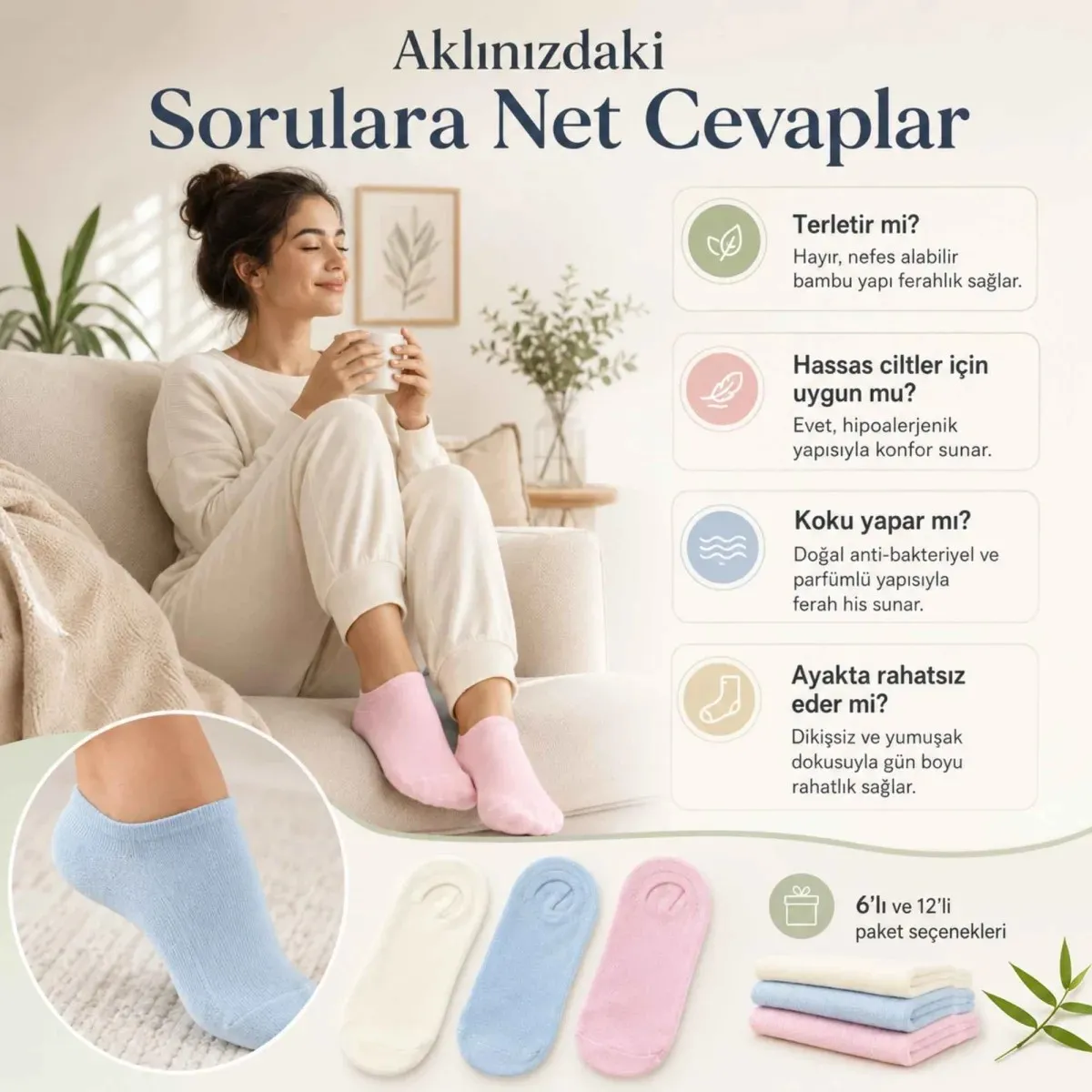 Kadın Bambu Dikişsiz Patik Çorap 12'li | Nefes Alan Nem Emici Yumuşak, Krem Mavi Pembe görseli