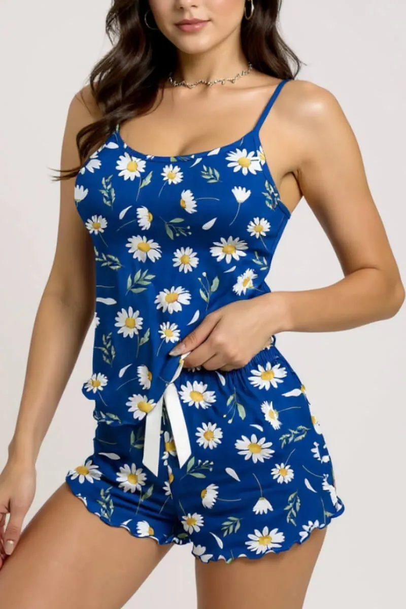 Papatya Desenli Mavi Askılı Şortlu Pijama Takımı görseli