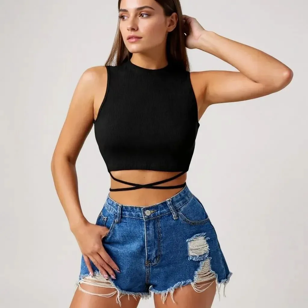 Kadın Siyah Çapraz Bağlamalı Crop Top Büstiyer – Modern ve Şık Tasarım görseli