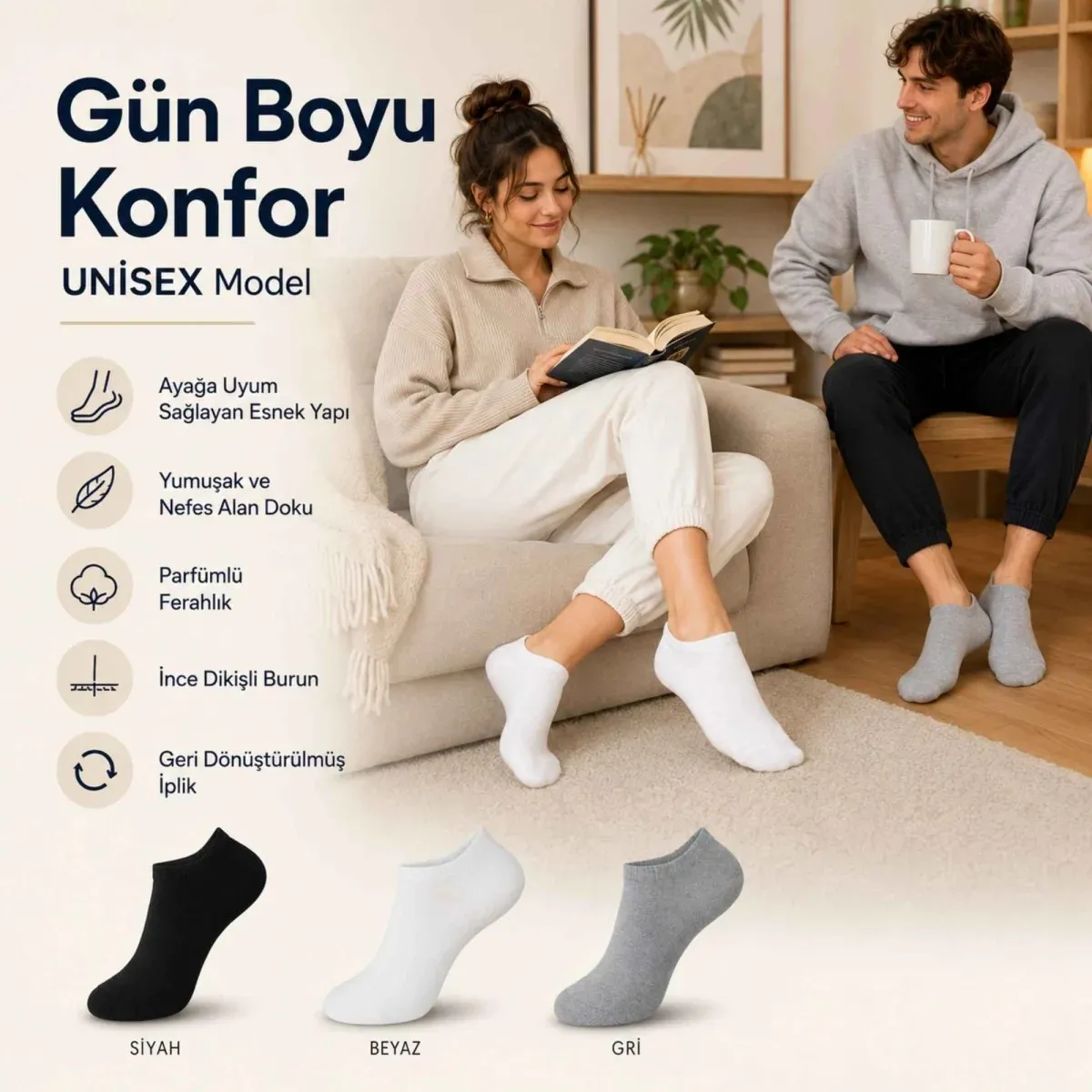 Unisex Dikişsiz Patik Çorap 6'lı | %85 Pamuklu Geri Dönüşüm İplikli, Nefes Alan Spor görseli