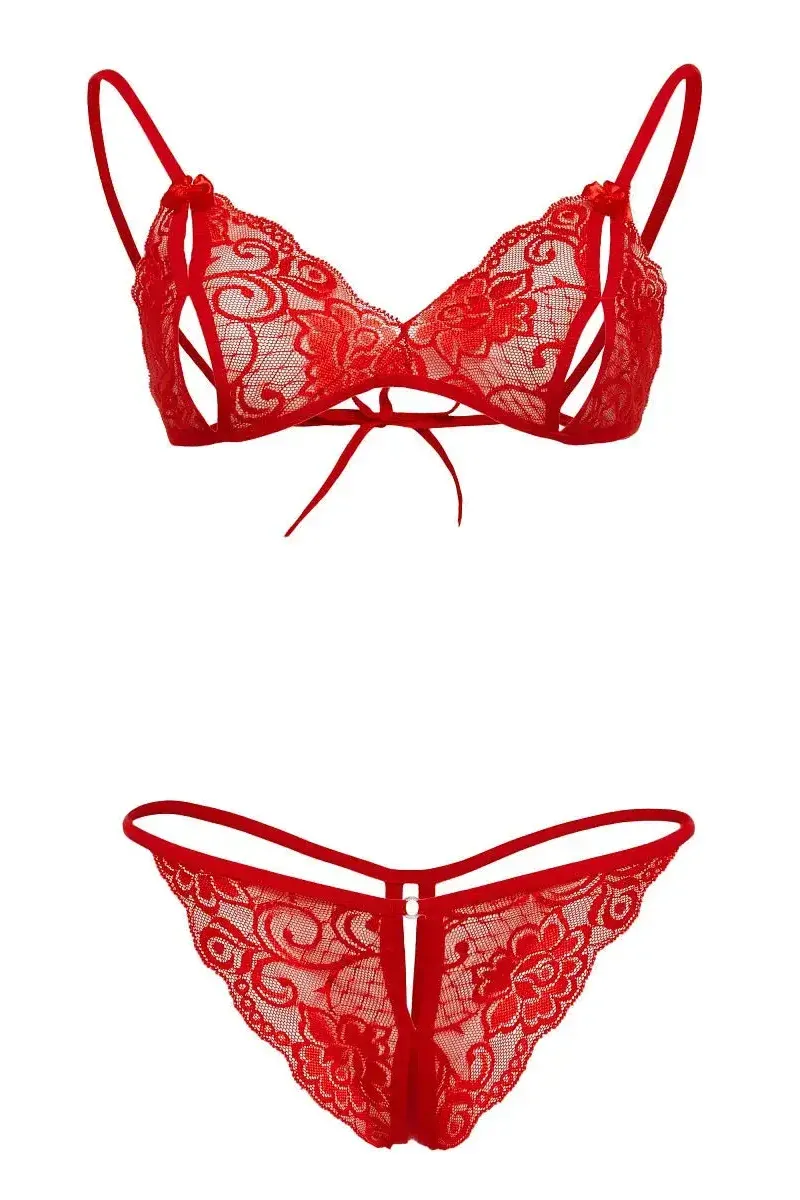 Kırmızı Dantelli Fantazi Sütyen ve G-String Takım TM2048 görseli