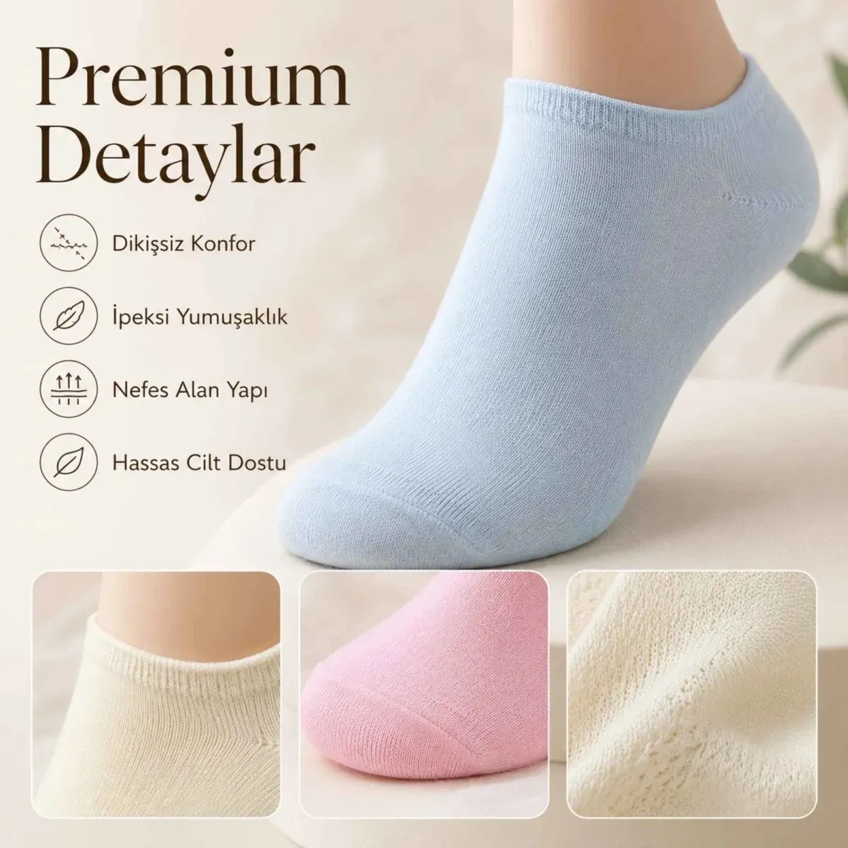 Kadın Bambu Dikişsiz Patik Çorap 12'li | Nefes Alan Nem Emici Yumuşak, Krem Mavi Pembe görseli