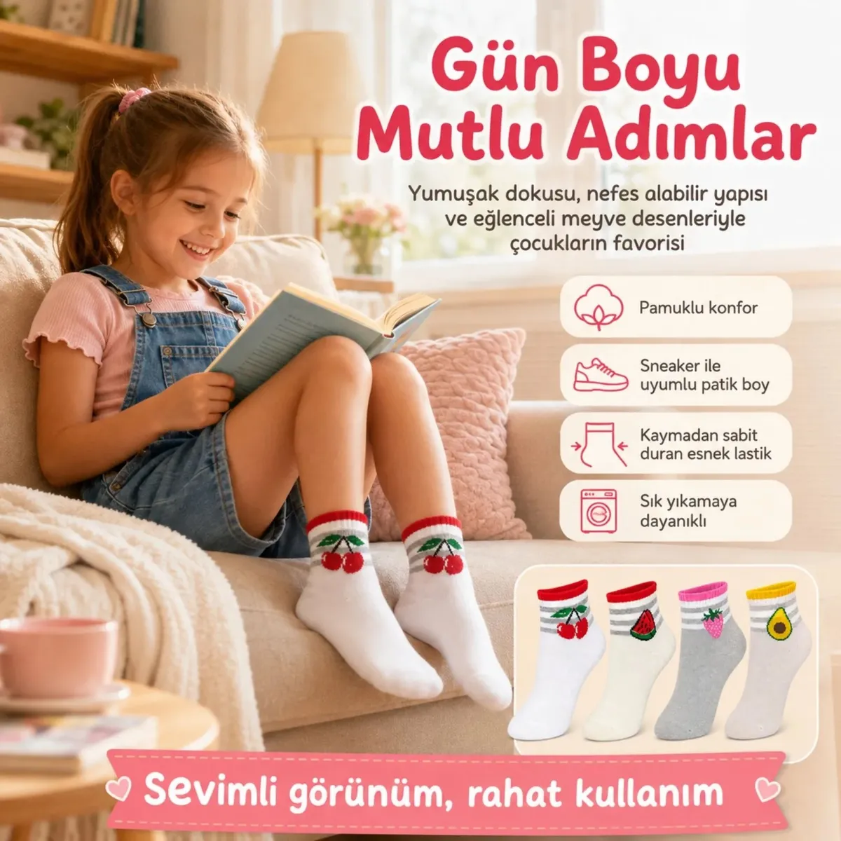 Kız Çocuk Pamuklu 4'lü Meyve Desenli Çorap Kiraz Karpuz Çilek Avokado Günlük Bilek Çorabı görseli