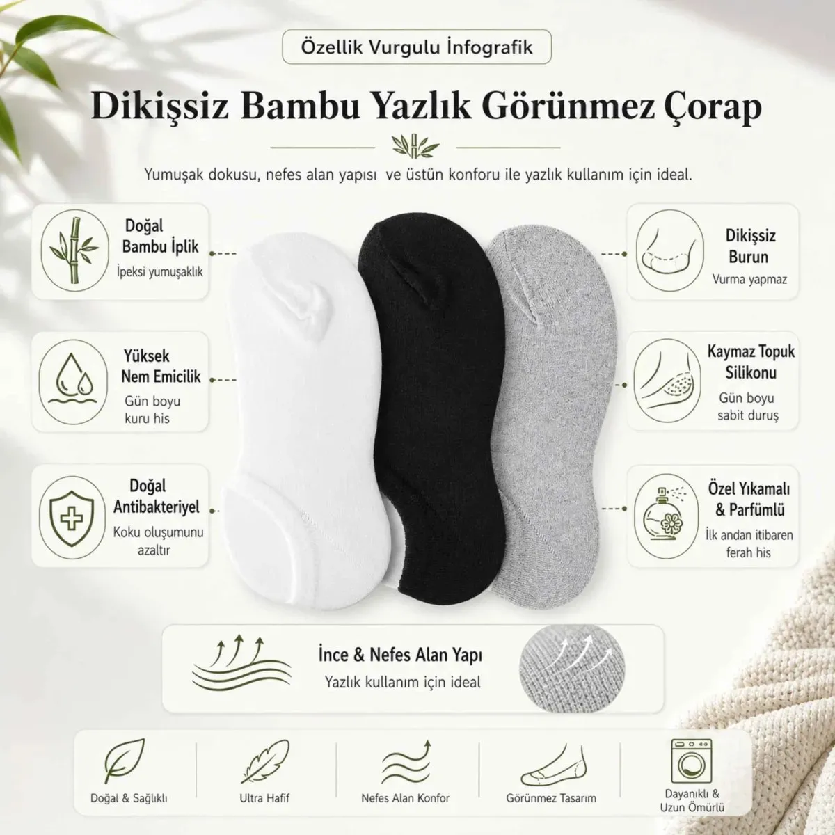 Erkek Bambu 6’lı Dikişsiz Babet Çorap Siyah Beyaz Gri Görünmez Sneaker Çorap Nefes Alan Yumuşak görseli