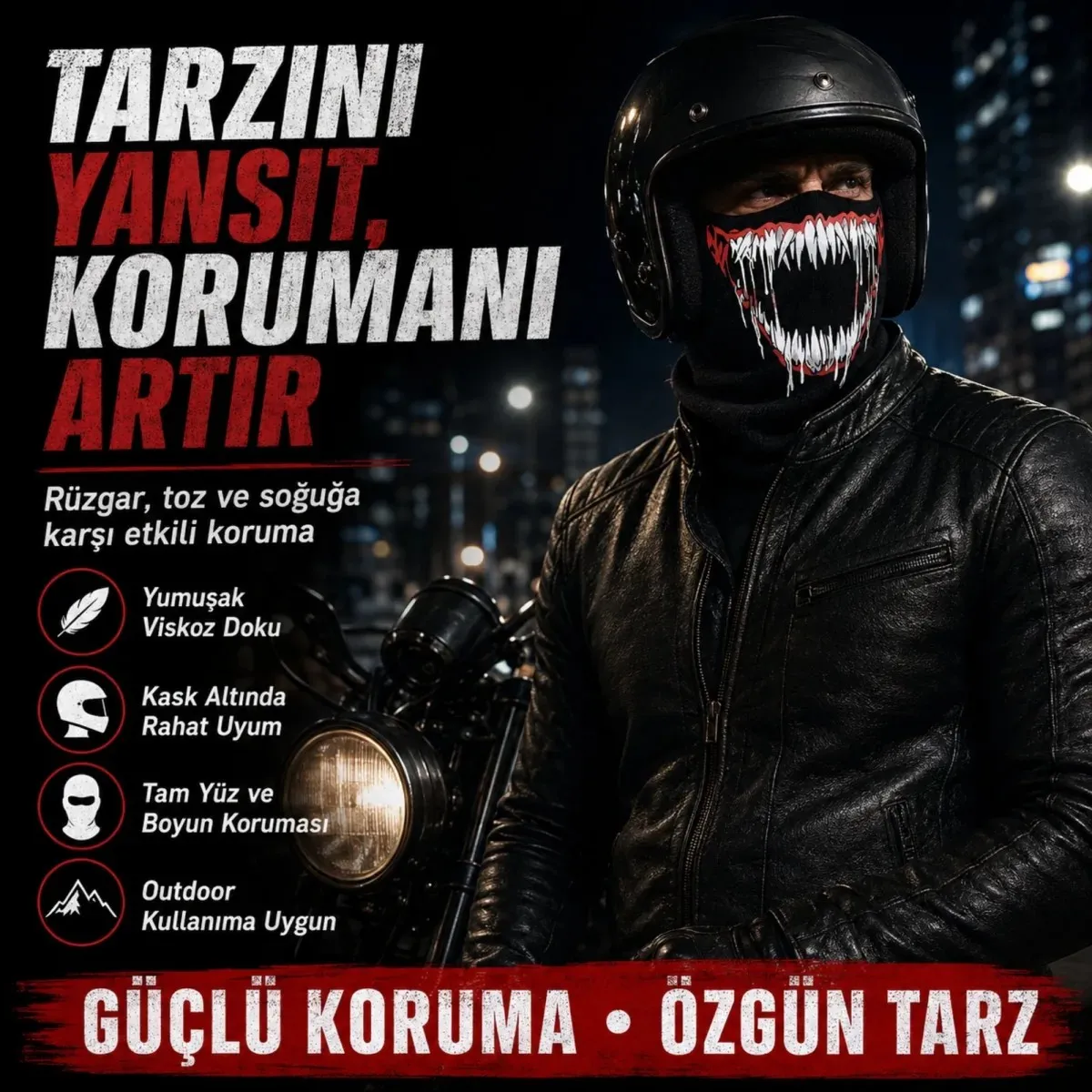 Unisex Canavar Diş Baskılı Balaklava 1 Adet Tek Beden Viskoz Kask İçi Motosiklet Maskesi görseli