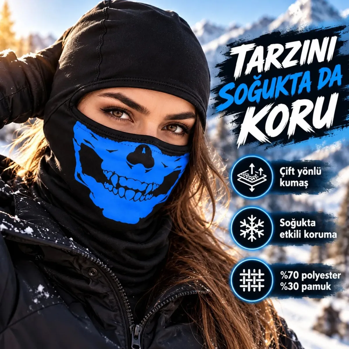 Unisex Mavi Kurukafa Desenli Balaklava Kar Maskesi | Siyah Tam Kafa Motorcu Boyunluk ve Yüz Maskesi! görseli
