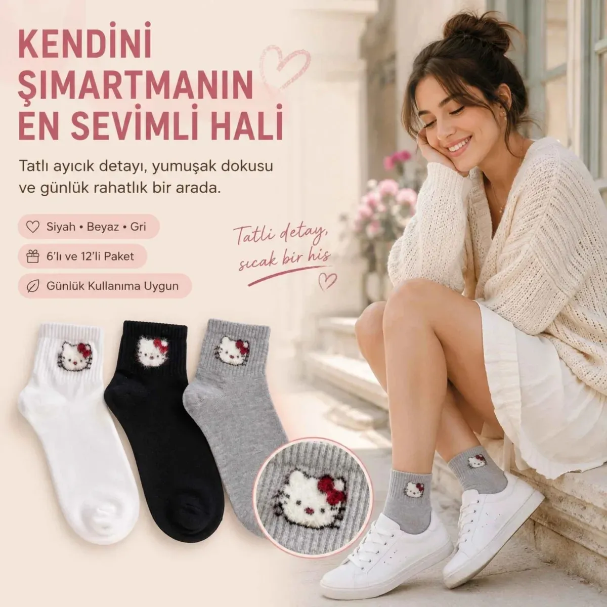 Kadın Sevimli Kedi Desenli Bilek Çorap 12'lı | %80 Pamuklu Dikişsiz, Siyah Beyaz Gri görseli