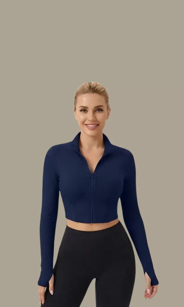 Kadın Lacivert Uzun Kol Fermuarlı Parmak Geçme Detaylı Dik Yaka Crop Top Bluz – Şık, Rahat ve Kolay Kombinlenebilir görseli
