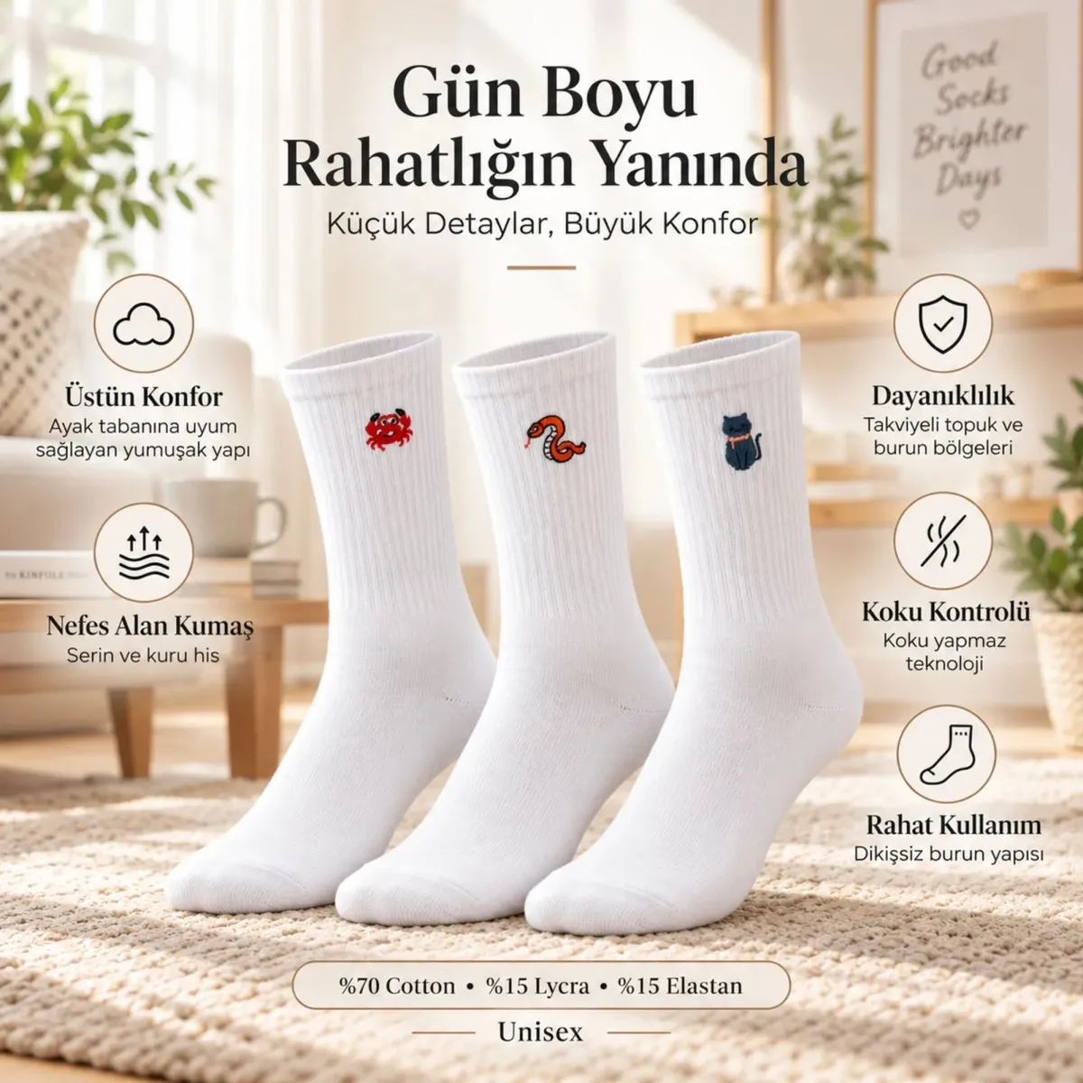 UNİSEX Çorap Beyaz Hayvan Nakışlı 3'lü Set Yengeç Yılan Kedi Desenli Uzun Soket Günlük Spor Çorabı