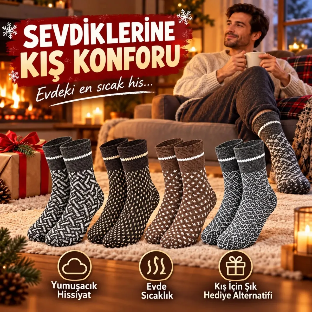 Erkek Kışlık Desenli Çorap 4'lü Seti Sıcak Tutan Yumuşak Rahat Günlük Renkli Uzun Soket Çorap Paketi görseli