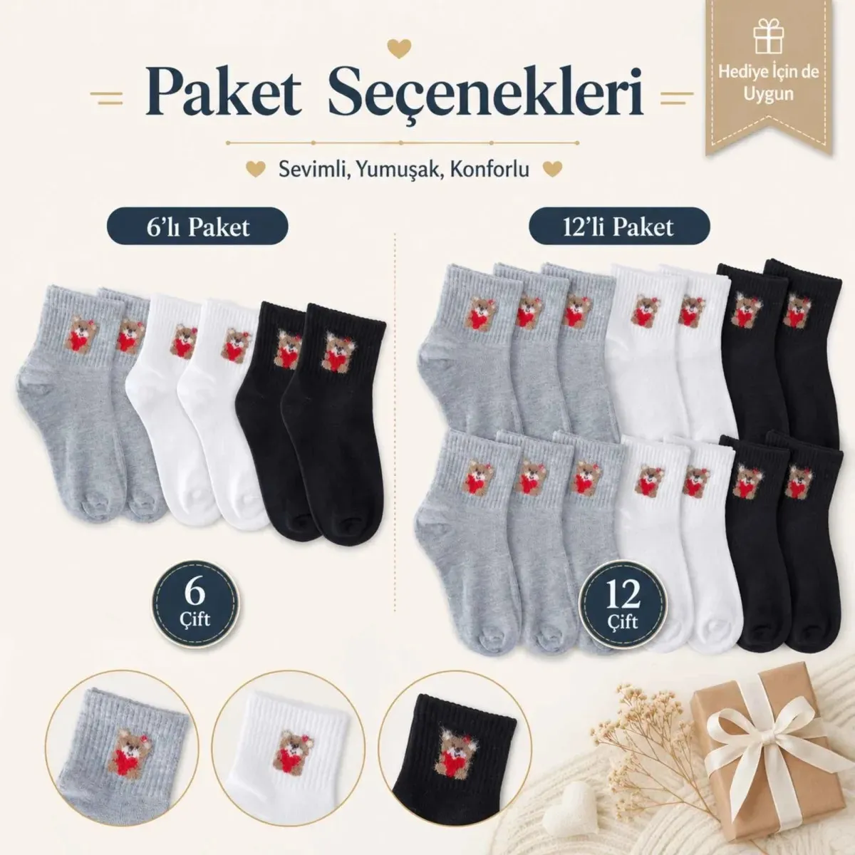 Kadın Ayıcık Desenli Kısa Konç Çorap 6'lı | %80 Pamuklu Dikişsiz, Siyah Beyaz Gri görseli