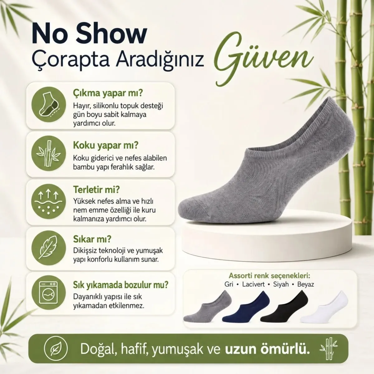 Erkek Bambu 8’li Babet Çorap Görünmez No Show Dikişsiz Silikon Topuklu görseli