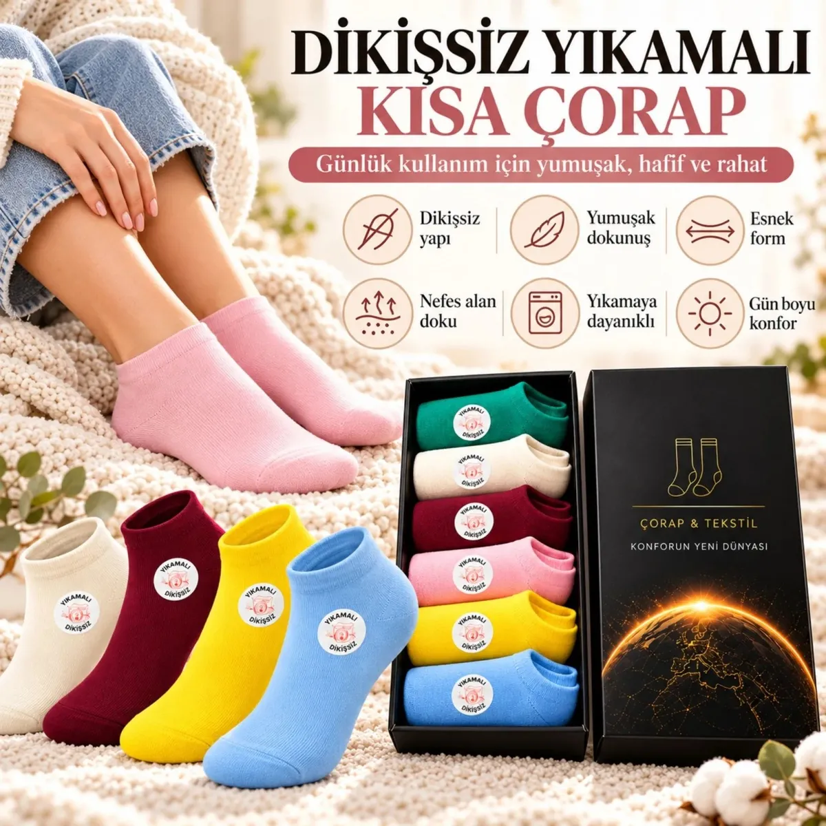 Kadın Dikişsiz Patik Çorap 6'lı Kutulu Seti | Renkli Yıkamalı Günlük Sneaker Çorabı Hediyelik Paketi görseli