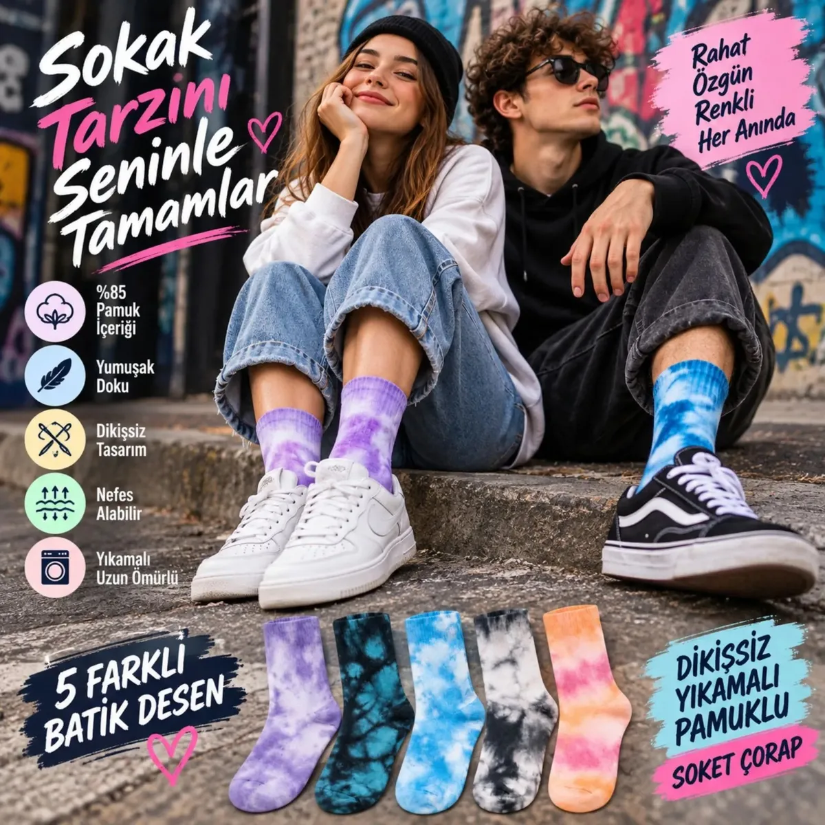 Unisex Batik Desenli Soket Çorap 5'li Set | Renkli Tie Dye Günlük Spor Sneaker Çorabı Modern Stiliyle görseli