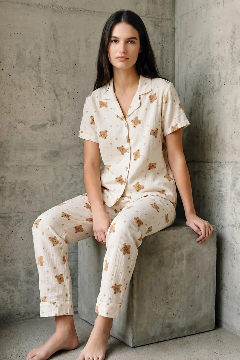 V Yaka Düğmeli Casual Kırık Beyaz Pijama Takımı görseli