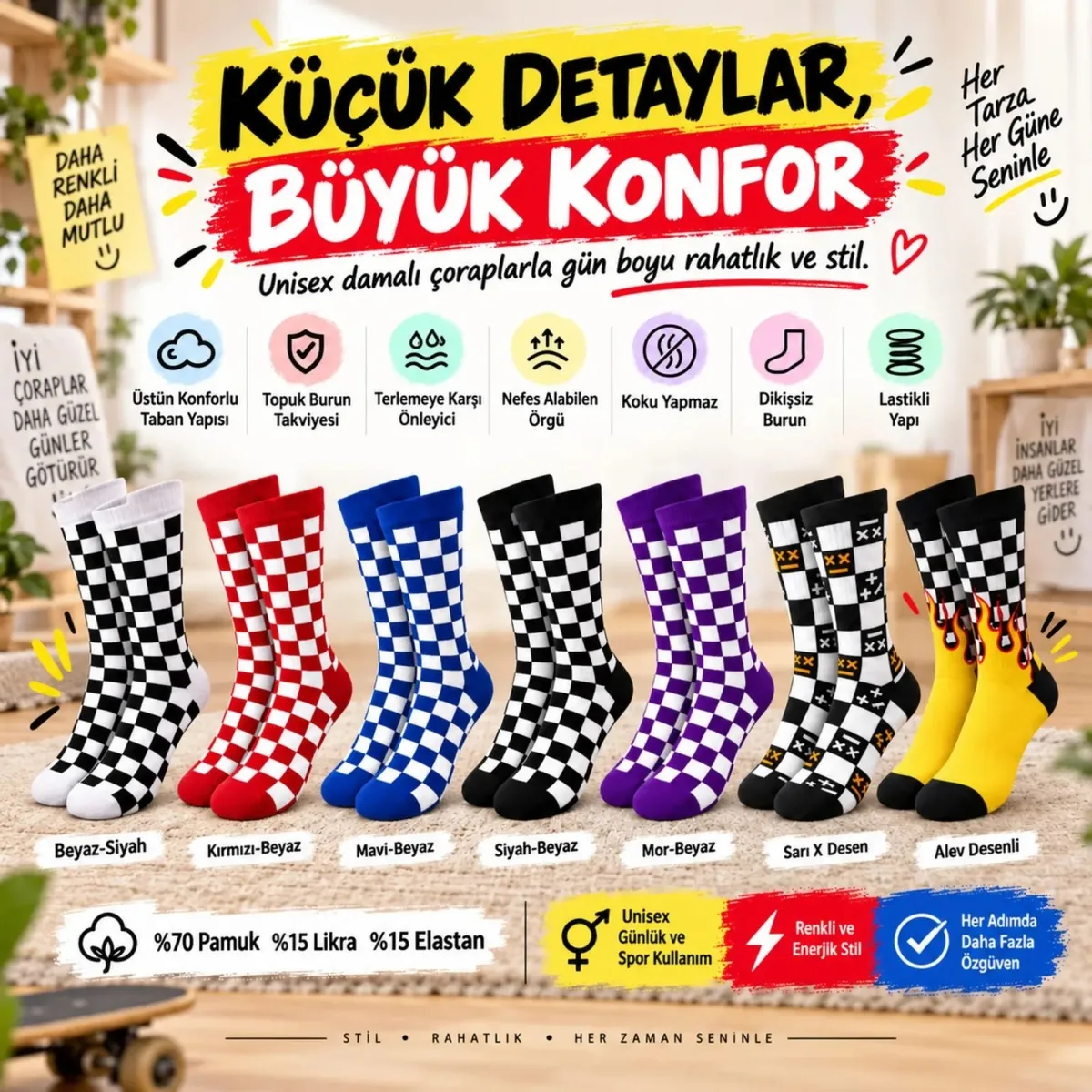 UNİSEX Çorap Dama Desenli Renkli 14'lü Set Kareli Alev Desenli Uzun Soket Günlük Spor Çorabı görseli