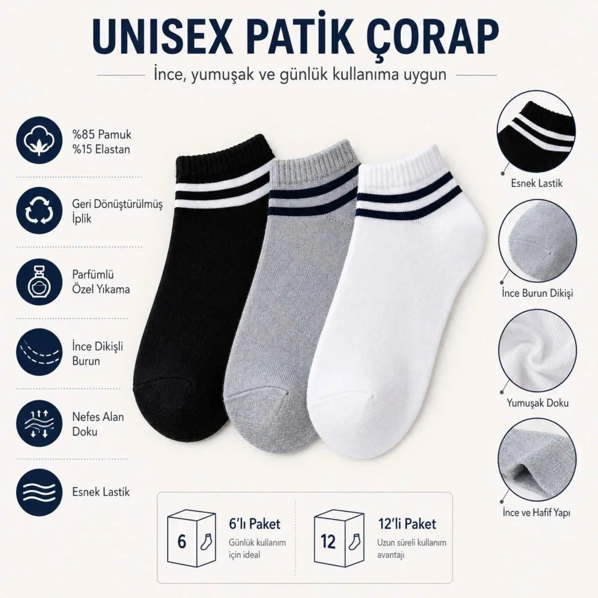 Unisex Çizgili Patik Çorap 12'lı | %85 Pamuklu Geri Dönüşüm İplikli, İnce Dikişli Spor görseli