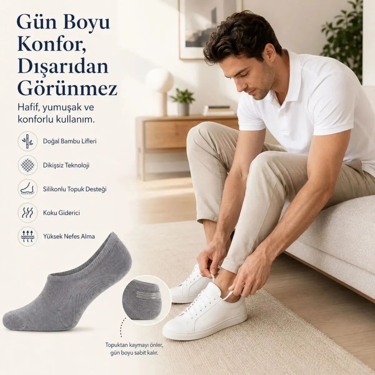 Erkek Bambu 6’lı Babet Çorap Görünmez No Show Dikişsiz Silikon Topuklu görseli