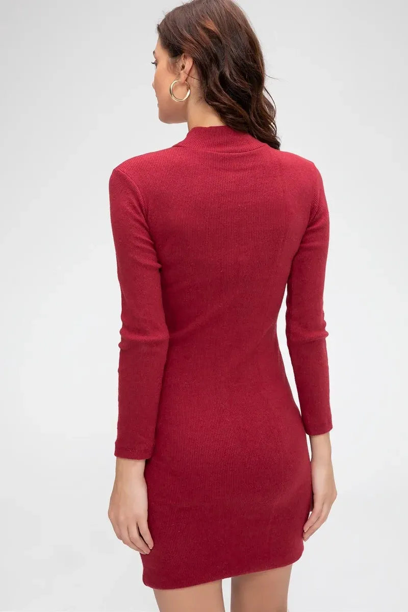 Kadın Bordo Kaşkorse Balıkçı Yaka Uzun Kollu Bodycon Mini Elbise – Şık, Rahat ve 4 Mevsim görseli