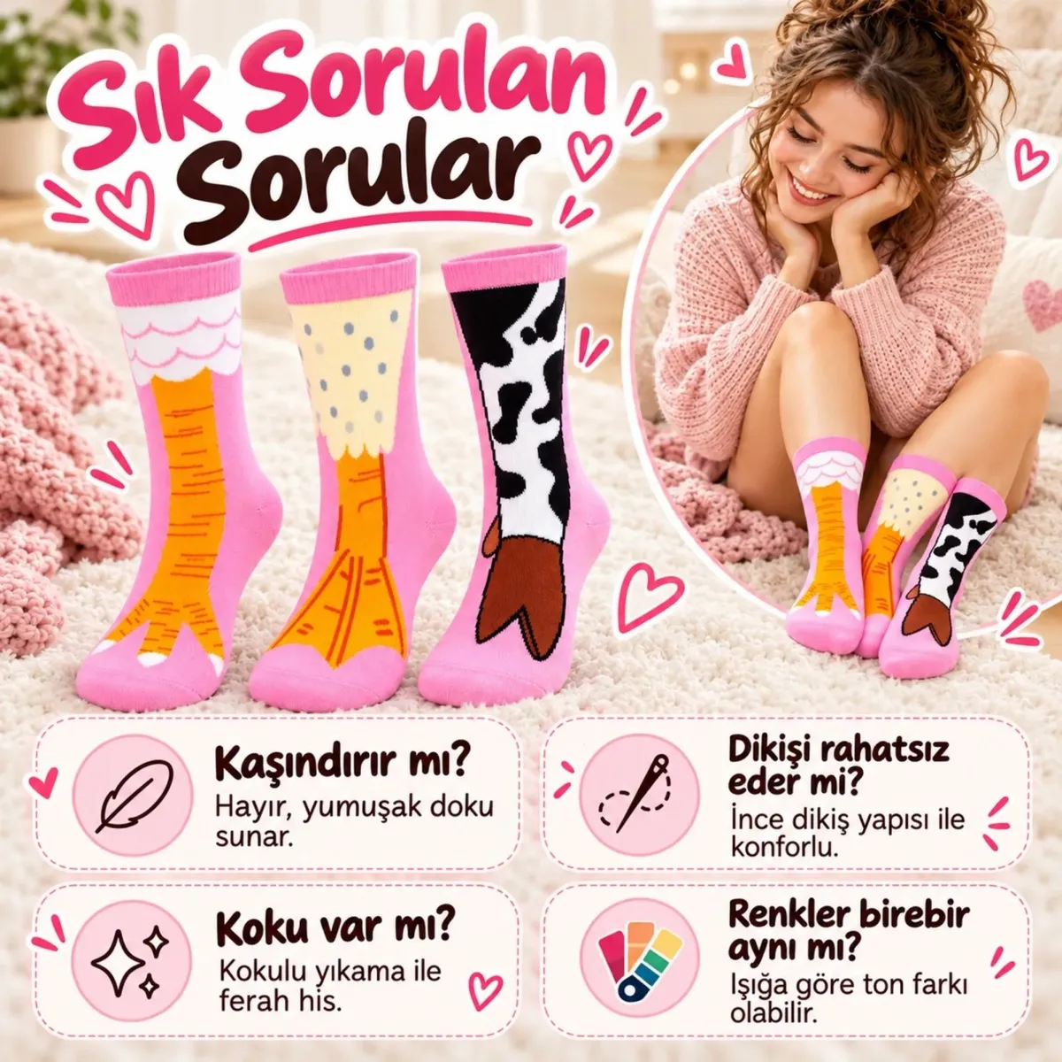 Kadın 3'lü Pembe Figürlü Soket Çorap Seti | Sevimli İnek Desenli ve Renkli Eğlenceli Günlük Çoraplar görseli
