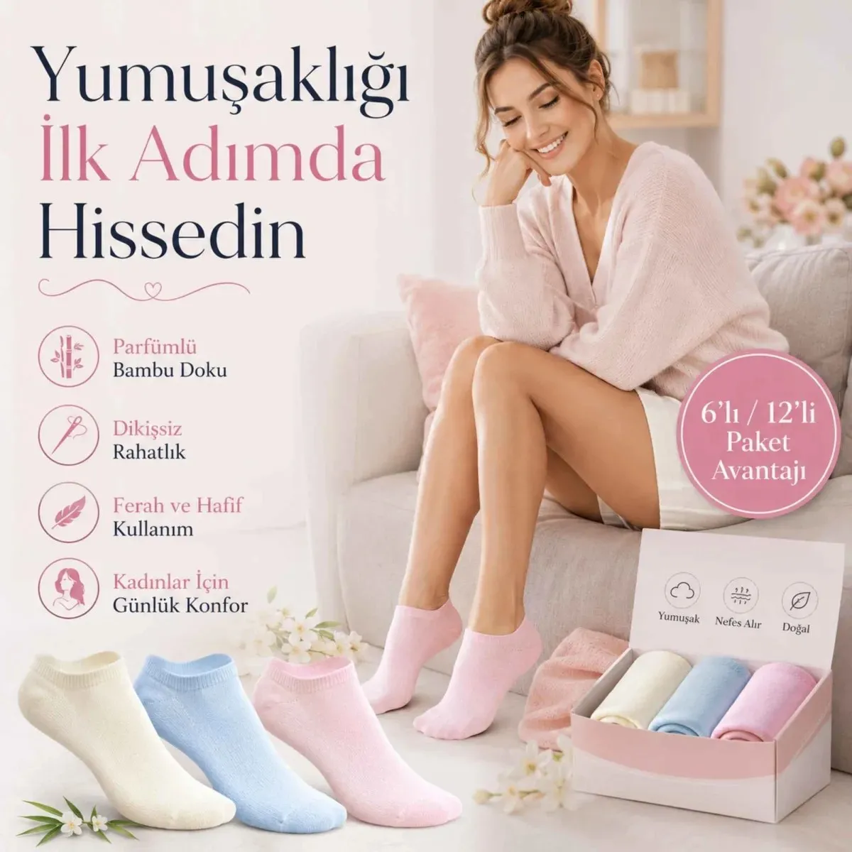 Kadın Bambu Dikişsiz Patik Çorap 3'lü | Nefes Alan Nem Emici Yumuşak, Krem Mavi Pembe görseli