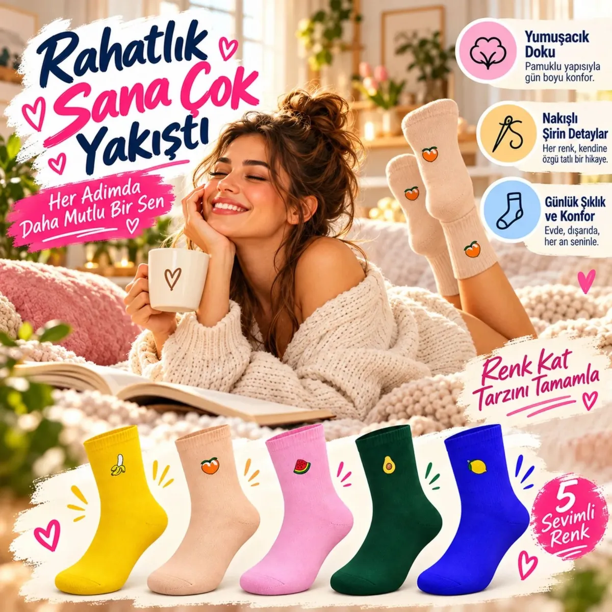 Kadın Meyve Nakışlı Soket Çorap 10'lu Set | Renkli Muz Karpuz Avokado Limon Desenli Şık Günlük Çorap görseli