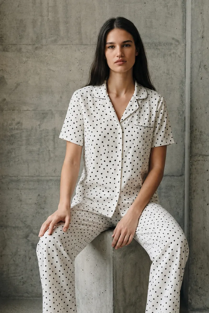 V Yaka Düğmeli Casual Kar Beyaz Pijama Takımı görseli