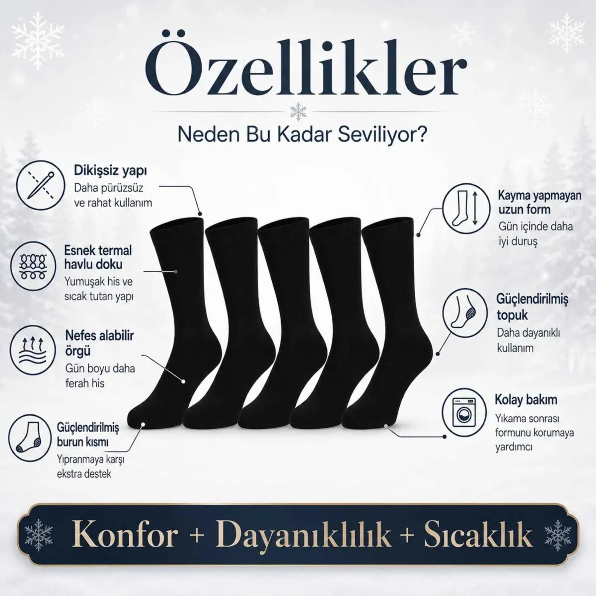 Erkek Siyah Kışlık Termal Havlu Çorap 6'lı | Dikişsiz Esnek, Sıcak Tutan, Güçlü Topuk Burun görseli
