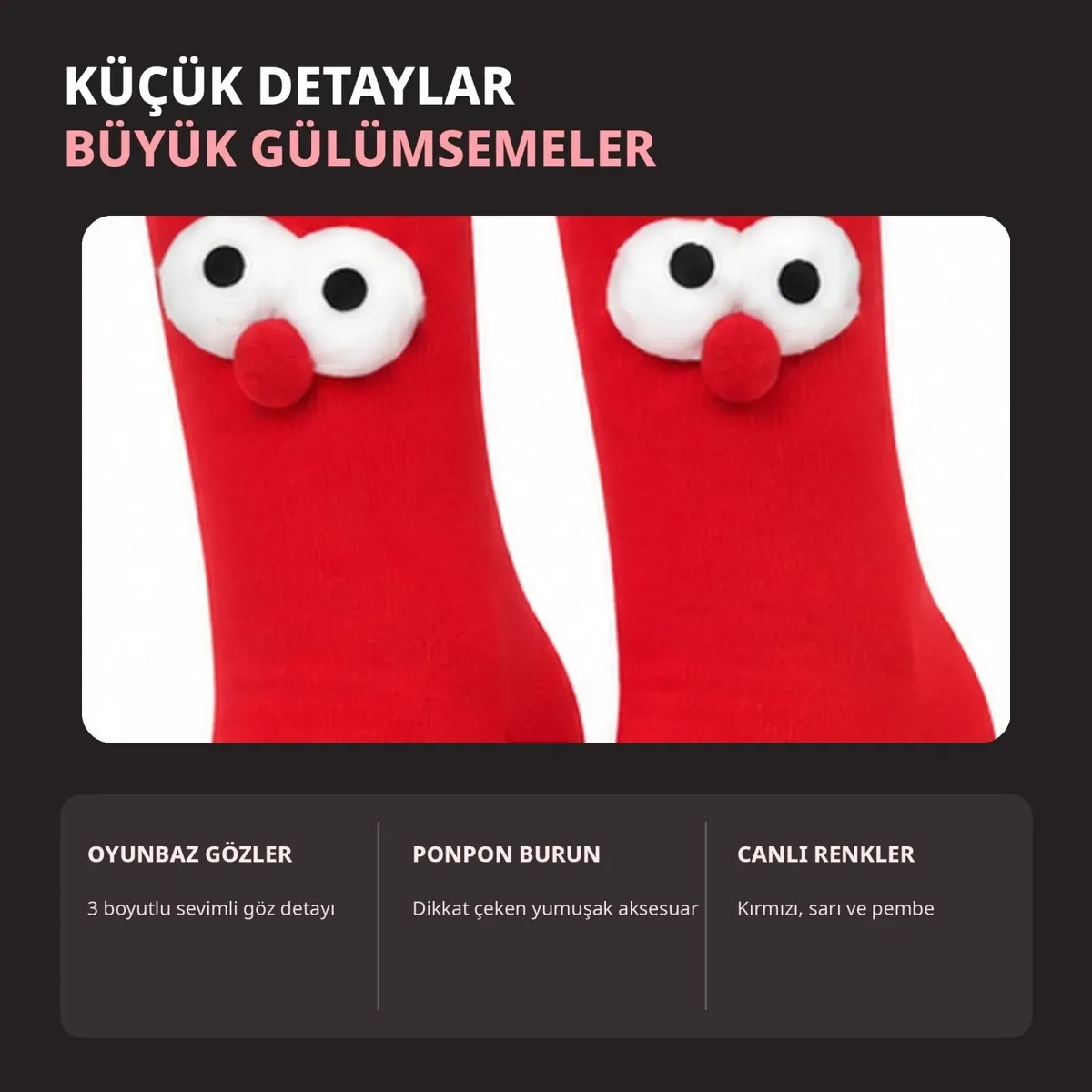 Kutulu 3D Gözlü Ponponlu Soket Çorap 6'lı Set | Kırmızı Sarı Pembe Renkli Eğlenceli Hediyelik Çorap! görseli