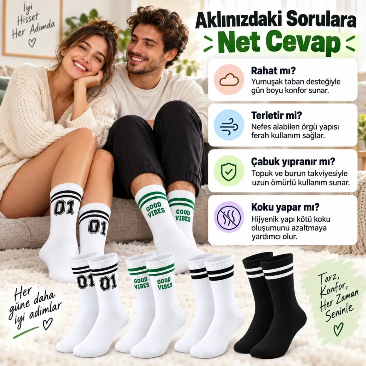 Unisex Çorap Çizgili 8'li Set 07 Good Vibes yazılı Siyah Beyaz Uzun Soket Spor Kolej Stil Çorap görseli