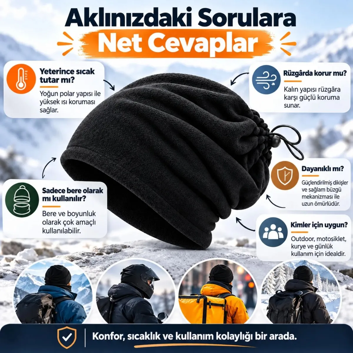 Unisex Premium Polar Bere Boyunluk 2 Adet Set 2'si 1 Arada Sıcak Tutan Rüzgar Korumalı Outdoor Siyah görseli
