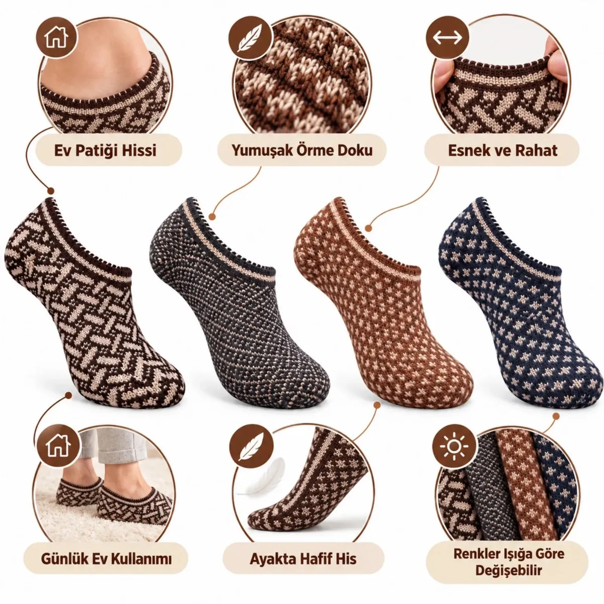 Erkek Ev Patiği 8'li Set | Geometrik Desenli Örgü Görünümlü Kısa Patik Çorap Karışık Renkli Paketler görseli