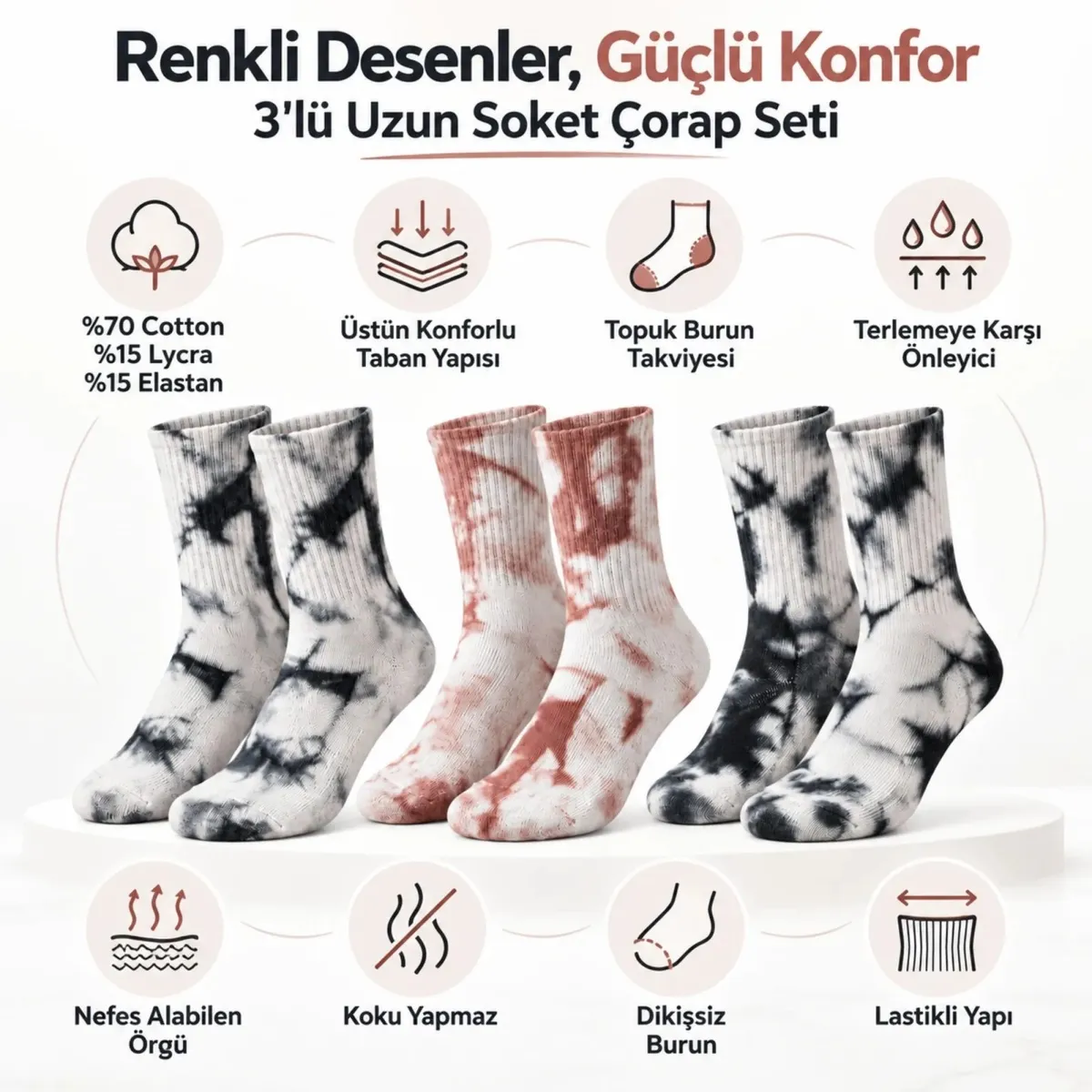 Unisex Batik Desenli Çorap 6'lı Set Pamuklu Uzun Soket Günlük Spor Nefes Alan Dikişsiz