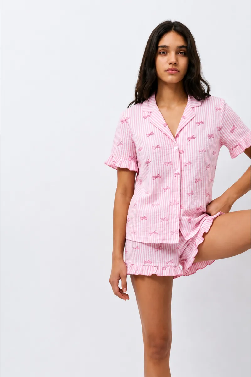 Kadın Desenli Trend Pembe Pijama Takımı görseli