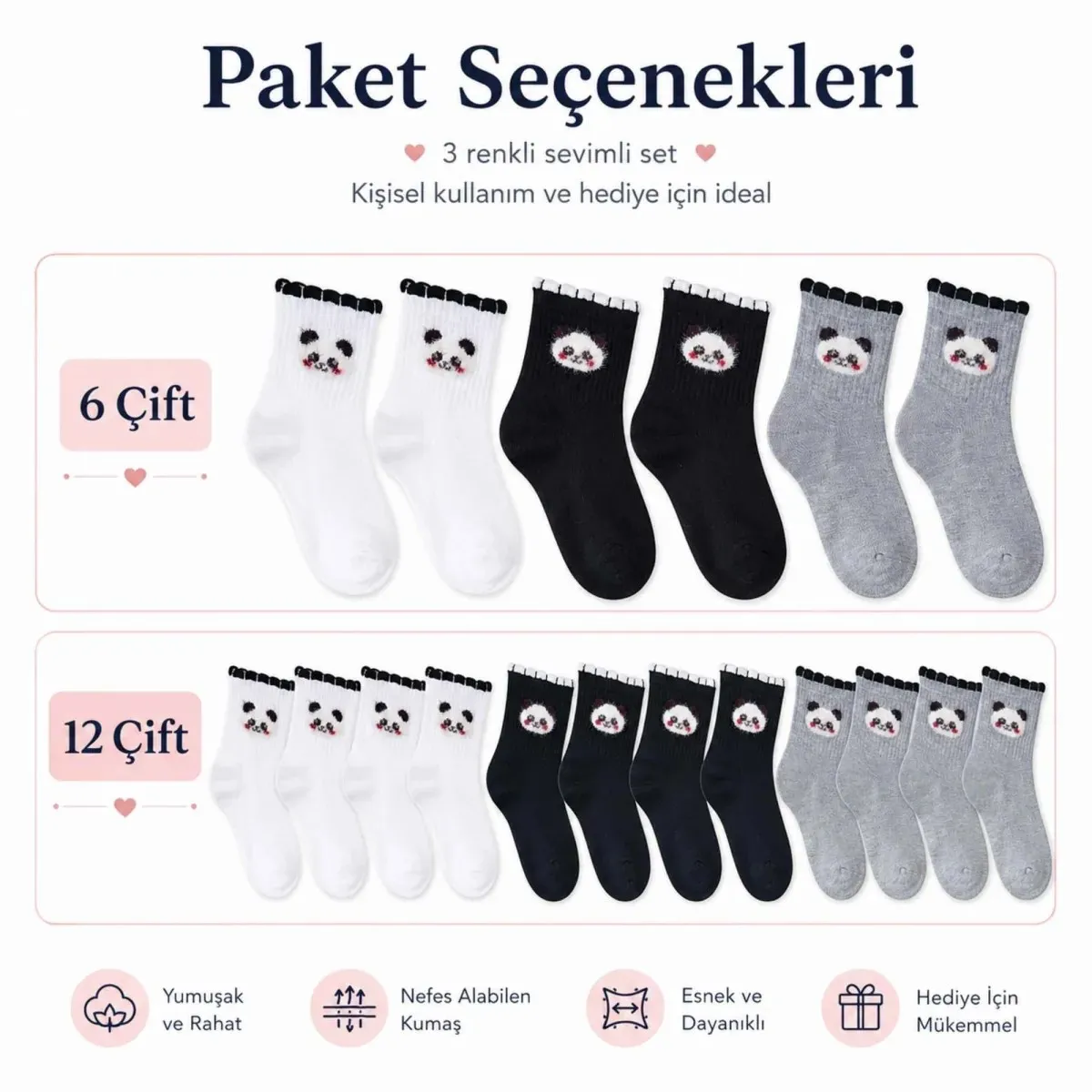 Kadın Panda Desenli Kısa Konç Çorap 6'lı | %80 Pamuklu Dikişsiz, Siyah Beyaz Gri görseli