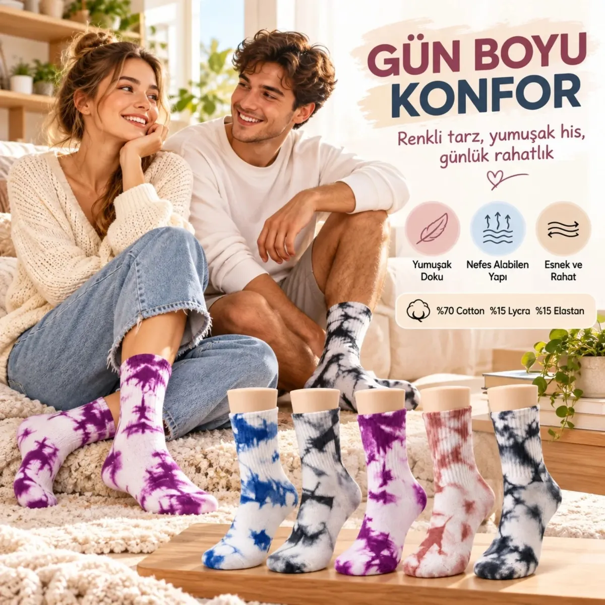 Mavi Mor Gül Kurusu Unisex Batik Desenli Çorap 5'li Set Pamuklu Renkli Uzun Soket Dikişsiz Nefes Alan Günlük Spor Çorabı