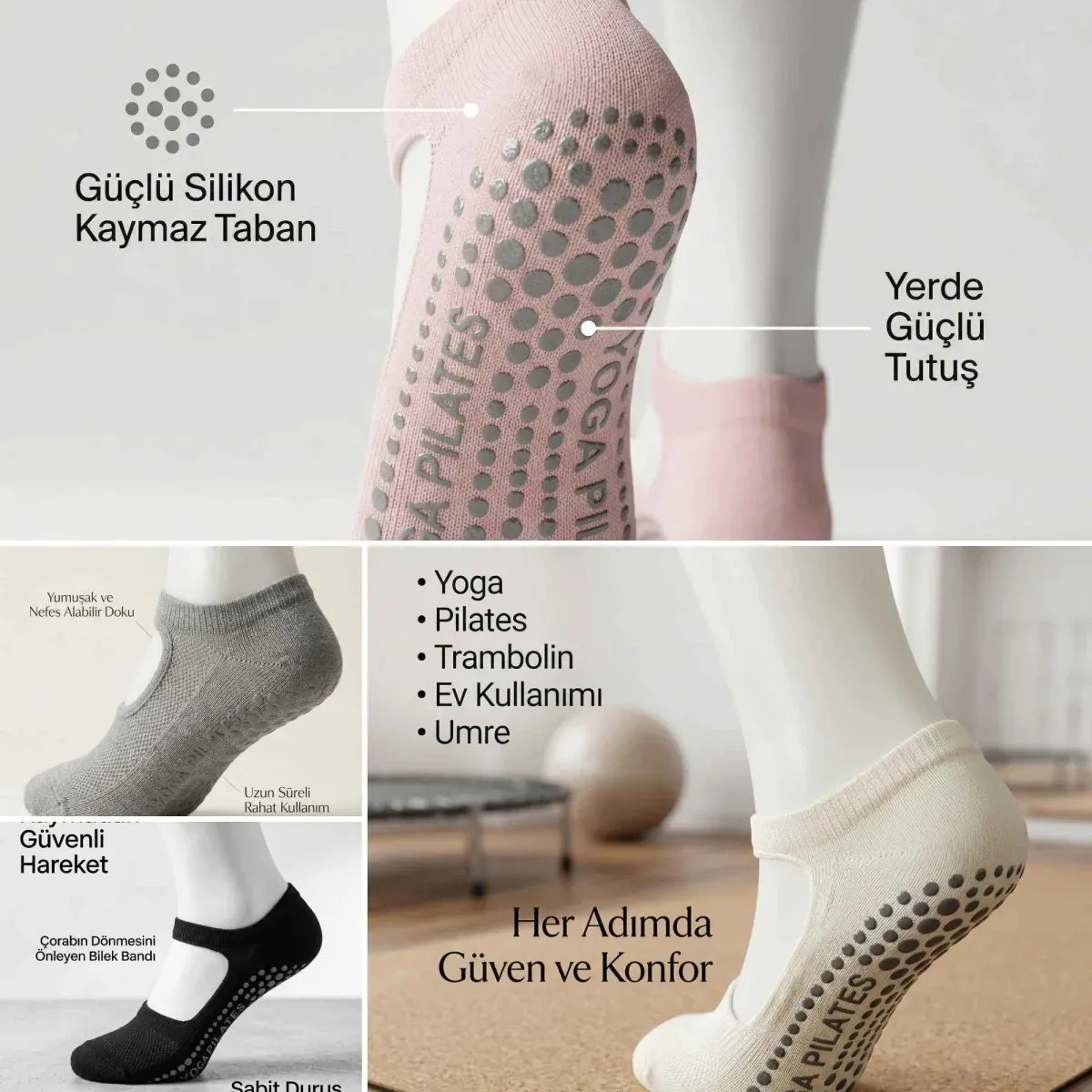 Kadın Kaymaz Yoga Pilates Çorabı 8'li | Silikon Taban, Bilek Bantlı, Ev Spor Umre, 4 Renk görseli
