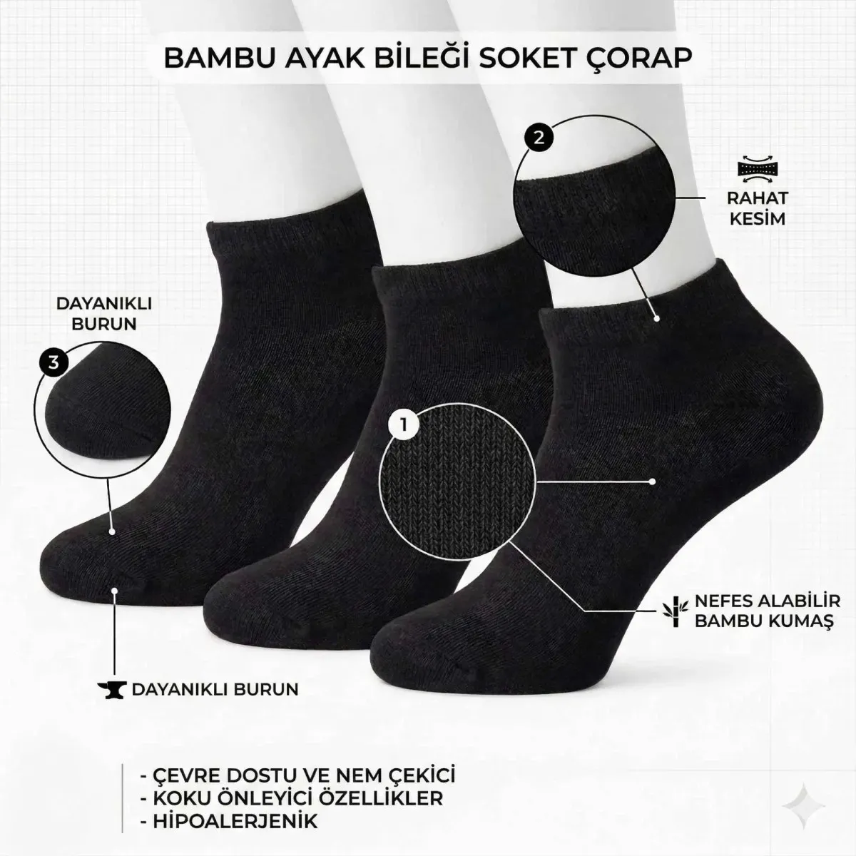 Kadın Bambu Patik Çorap 6'lı | Nefes Alan Nem Emici Yumuşak, Siyah Beyaz Gri görseli