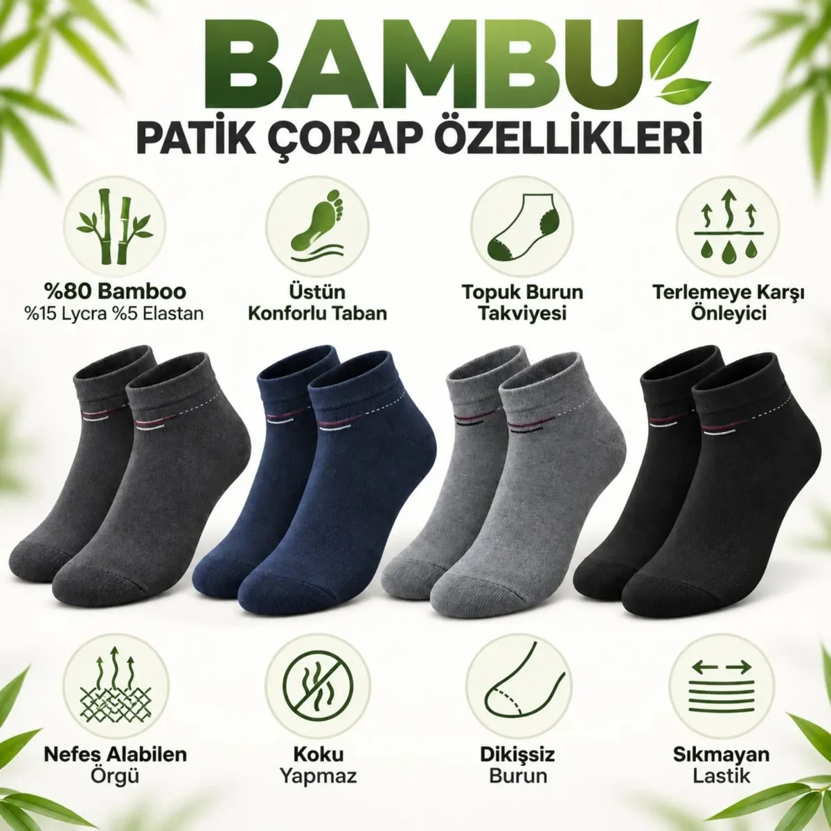 Erkek Bambu Patik Çorap 8'li Set Yumuşak Dikişsiz Nefes Alan Sıkmayan Lastikli Günlük Rahat Çorap görseli