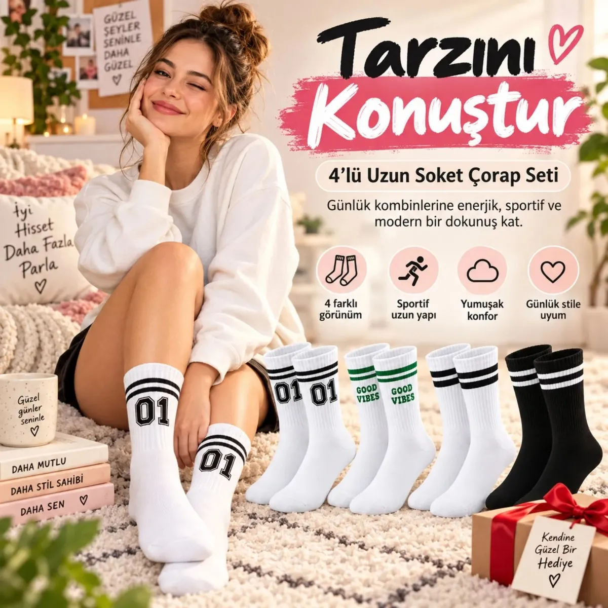 Unisex Çorap Çizgili 8'li Set 07 Good Vibes yazılı Siyah Beyaz Uzun Soket Spor Kolej Stil Çorap görseli